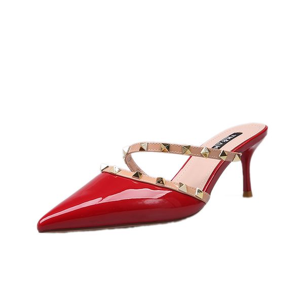 

net red half slippers female 2019 new rivet sandals female summer fashion stiletto high heels female wild baotou muller slippers, Black