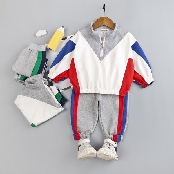 

0-4 years boy girl clothing set 2019 new autumn sport active patchwork kid suit children baby clothing hoodies+pant, White
