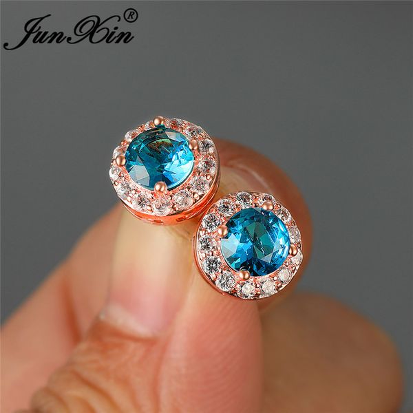 

gradient rainbow fire crystal round earrings rose gold wedding blue green pink zircon wedding stud earrings for women jewelry cz, Golden;silver