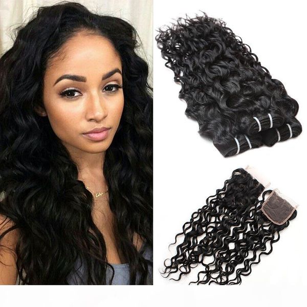 

brazilian water wave bundles with closure wet and wavy brazilian virgin hair extensions with lace closure unprocessed remy human hair weave, Black