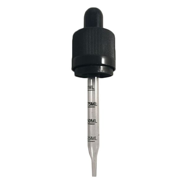 Tappo antimanomissione per bambini bianco nero con pipetta contagocce in vetro con capezzolo in gomma da 77 mm con misurazione per bottiglie di vetro da 30 ml