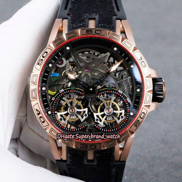 

excalibur 46mm rddbex0674 dlc coated titanium alloy case skeleton dial double tourbillon automatic mens watch designer watches, Slivery;brown
