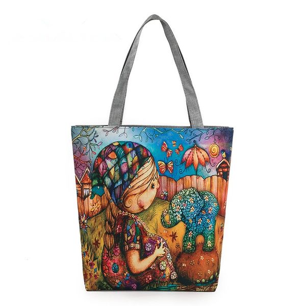 

character design canvas bag women girl and elephant printed shoulder bag female daily use ladies tote bags