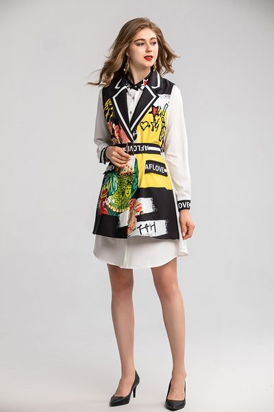 

набор из двух частей набора 2020 белой рубашки весны женщин + напечатанного кружева иностранного стиля женщин до nail drill набора жилета дл, White