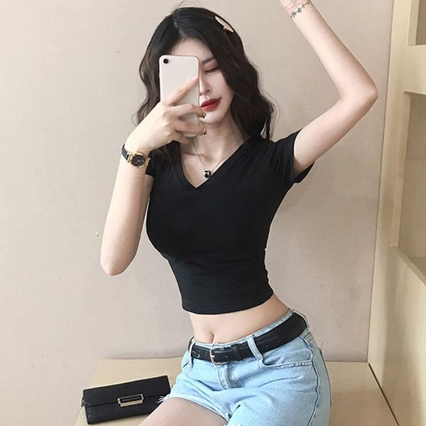 

summer short-sleeved fashion casual v-neck solid color skinny wild open-neck short-sleeved t-shirts, White