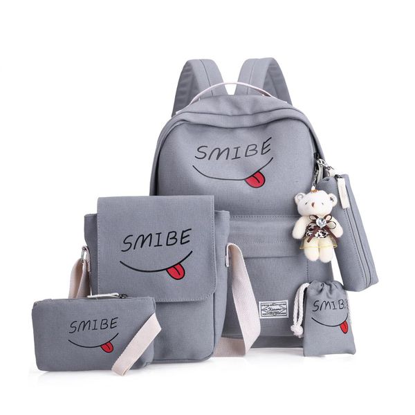 

litthing 5cs/set women backpack canvas printing smile school bags for teenage girls women's backpacks women's bag mochila mujer