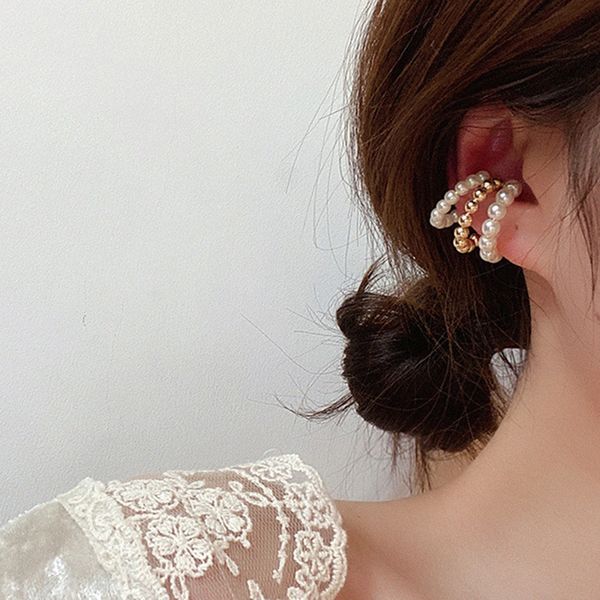 

korean silver/gold color three loop open circcle pearl earcuff clip on earrings no piercing ear cuff clip earring jewelry