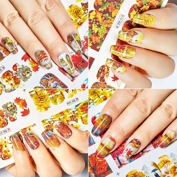 

gold leaf maple nail stickers autumn water transfer decals nail art sliders for manicure adhesive tattoos tips, Black