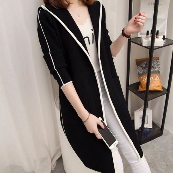 

women's wool & blends fashion ladies hooded woolen long coat korean student large size wild, Black