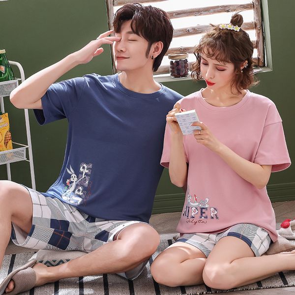 

summer sweet couple comfortable pajamas women pajamas set short sleeve -3xl 100% cotton casual o-neck home service, Black;red