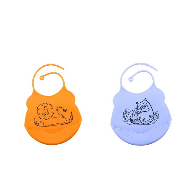 

2 pieces soft silicone baby dining bibs easy clean with pocket orange