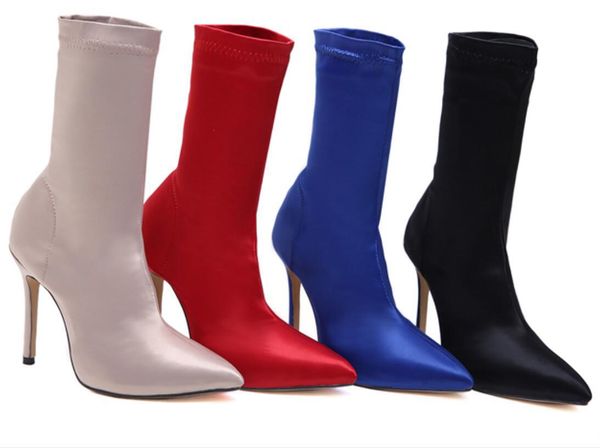 

2019 new stretch sock boots for women with pointy satin thigh-high heels, Black