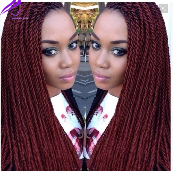 

26inch synthetic lace front wigs burgundy red long twist braids wig glueless braided hair for black women daily wear, Black;brown