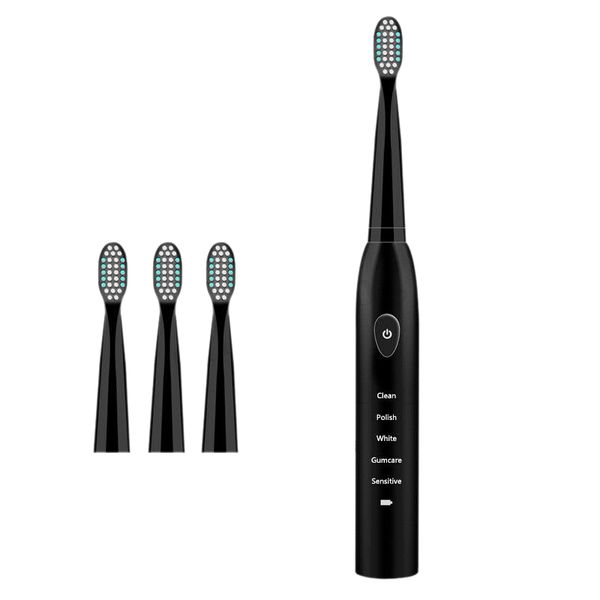 

5 mode sonic rechargeable electric toothbrush 4x brush heads waterproof ipx7 charging, black (normal usb charging