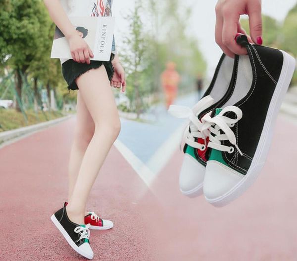 

women color matching canvas sneakers comfortable shoes students flats casual shoes chaussure lace-up ladies loafers footwea, Black