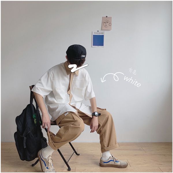 

2019 new national style tide men's cotton comfortable large size street handsome casual sports solid color shirt, White;black