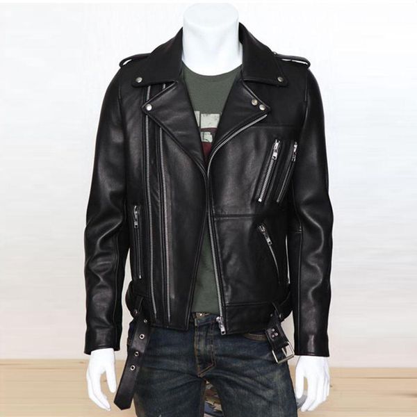 

men faux leather black motorcycle pu leather jacket stylish multi zippers lapel casual coat overcoat male autumn winter