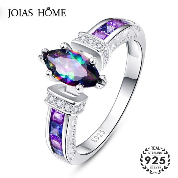 

joiashome genuine rainbow fire mystic oval z rings with 10*5mm gemstones solid 925 sterling silver ring vintage jewelry, Golden;silver