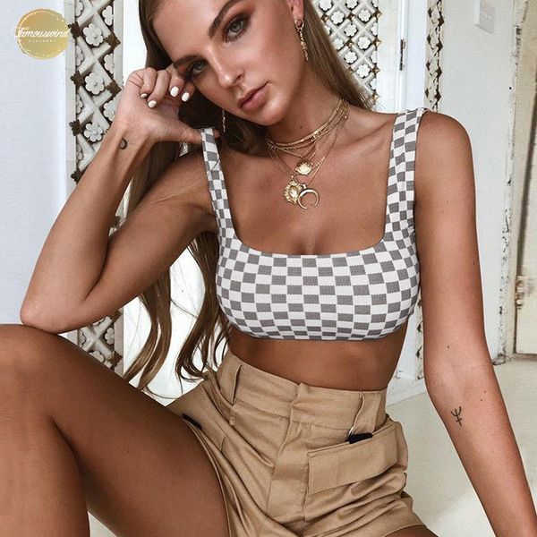 

causey rushed slim crop party women plaid summer casual beach tank cropped feminino, White