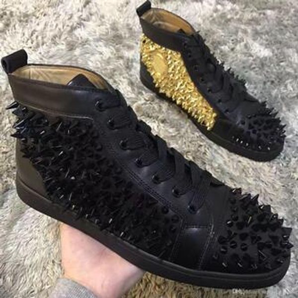 

luxury men's red bottom sneaker black-gold leather party wedding shoes pik pik spikes lace-up discount redbottom casual shoes