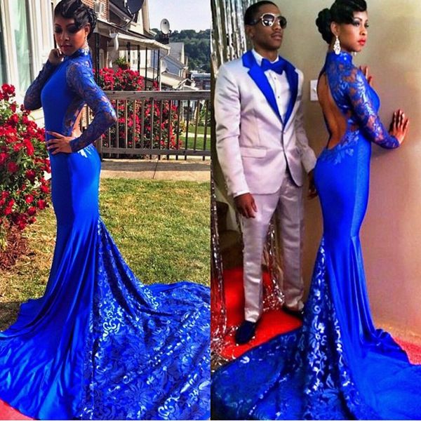 

Vintage Royal Blue Mermaid Prom Dresses 2019 Backless Long Sleeves Ruched Sweep Train Evening Dress High Neck Long Sleeves Party Gowns