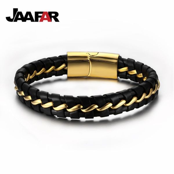 

2020 new fashion black / leather bracelet men stainless steel bracelets bangles with magnetic buckle, White