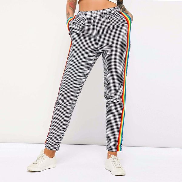 

women casual pants fall boho vintage loose straight high waist elastics plaid color block female fashion gray pant, Black;white