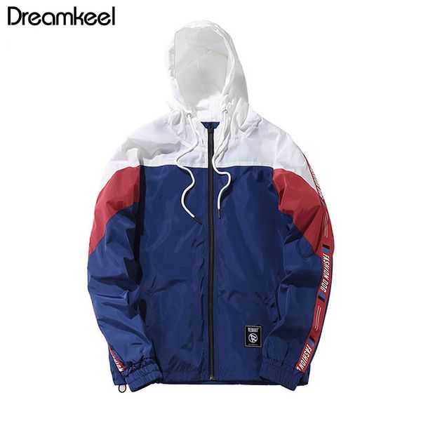 

hooded jackets men color block patchwork windbreaker hip hop full pullover tracksuit jacket fashion streetwear bomber jacket w, Black;brown