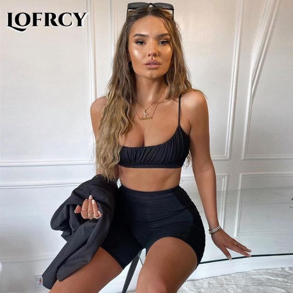 

lofrcywomen 2 piece shorts set gothic punk crop skinny short black set chic ruched shinny tracksuit casual sreetwear outfits, White