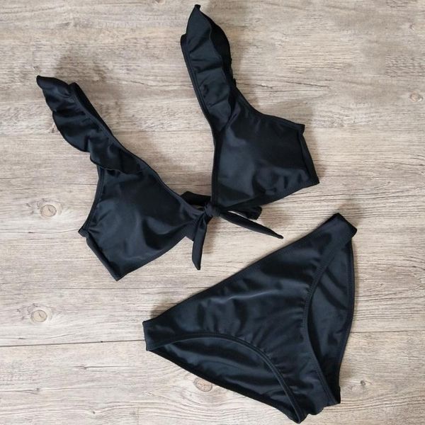 

women's swimwear bikini 2021 set women black red swimsuit push up solid female ruffles beachwear swim bathing suits, White;black