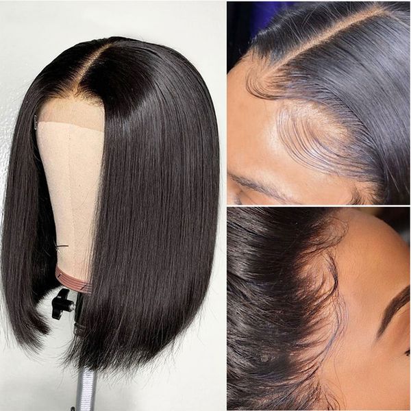 

13x4 короткий боб парик фронта шнурка человеческих волос бразильский реми волос боб парик с предварительно сорвал парик шнурка натуральный в, Black;brown