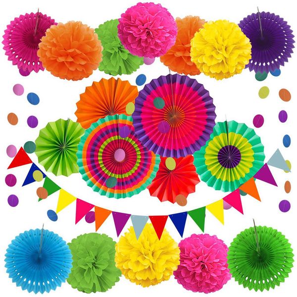 

21 pcs multi-color hanging paper fans, pom poms flowers, garlands string polka dot and triangle bunting flags for birthday parties, wedding