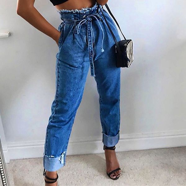

jeans women plus size high waist long straight jeans trimmings slim denim skinny jean femme pants belt trousers 2019 #e, Blue