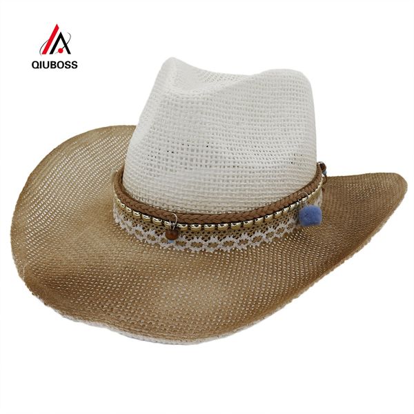 

qiuboss summer brown spray-painted large brim paper straw cowboy hats women ladies beach jazz cap sunhat carnival stage show hat, Blue;gray