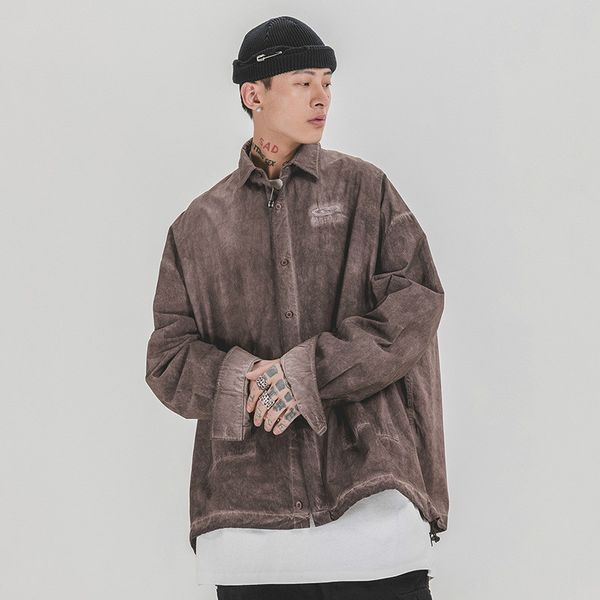

male high street hip hop loose short coat outerwear men vintage washed old long sleeve casual shirt style jacket, Black;brown