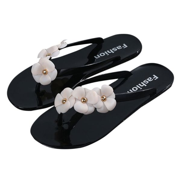 

female pvc slippers summer beach flip flops flat heel flowers sandals casual letters printed, Black