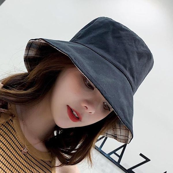 

2019 cotton double sided black yellow embroidery bucket hat fisherman hat outdoor travel hat sun cap hats for men and women, Blue;gray