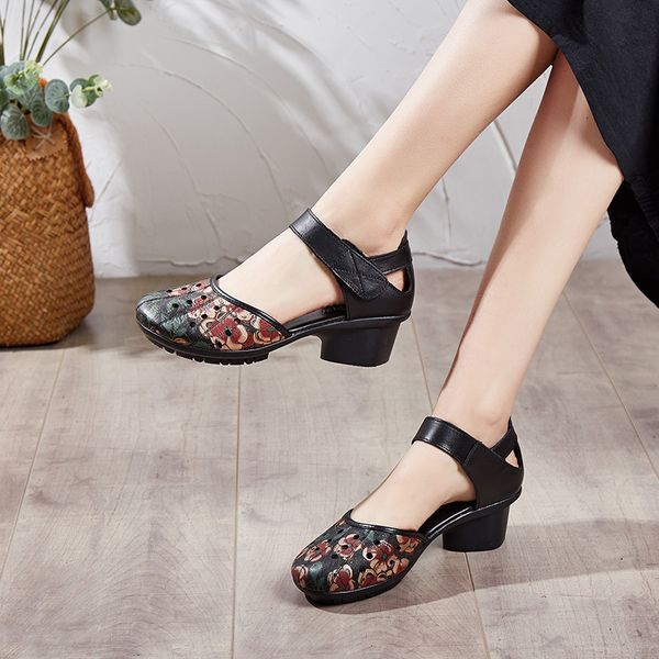 

2020 women new thick heel genuine leather sandals lady hollow out shoes, Black