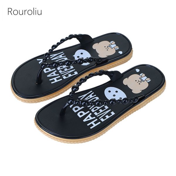 

rouroliu 2020 women summer flip flops outside non-slip cartoon bear slippers flat heel beach slides female sandals, Black