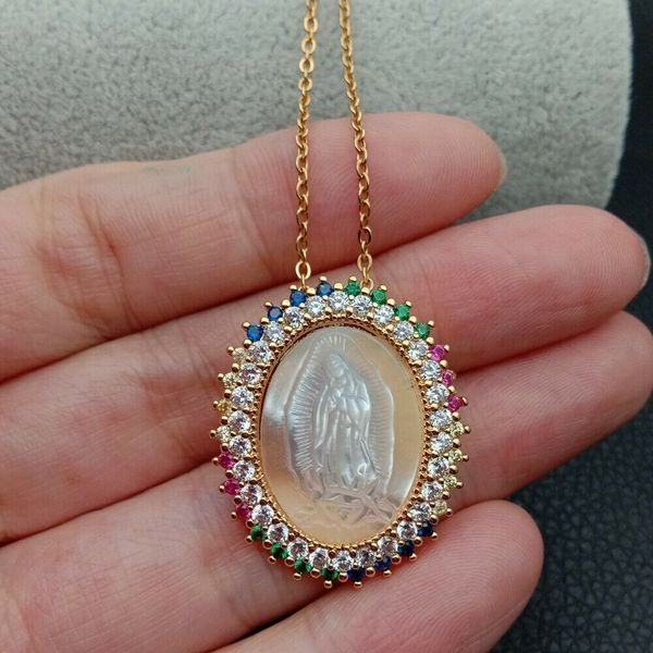 

17.5" white shell cameo colorful cz micro pave oval pendant necklace, Silver