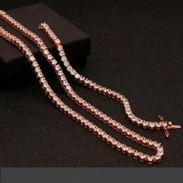 

горячие продажи bling king 1 row розовое золото 5 мм cz теннис цепи ожерелье медь хип-хоп круглый вырез обледенелый кубический цирконий мужс, Silver