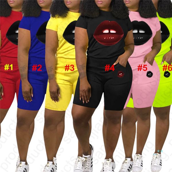 

2020 women tracksuit 2 piece shorts sets summer outfits lips print short sleeve t-shirt + shorts pants sweatsuit clothing d41002, White