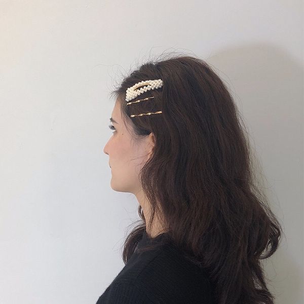 

fashion metal pearl hairpin combination alloy bangs word clip side clip bb fairy hairpin hair accessory 2020, Black;brown