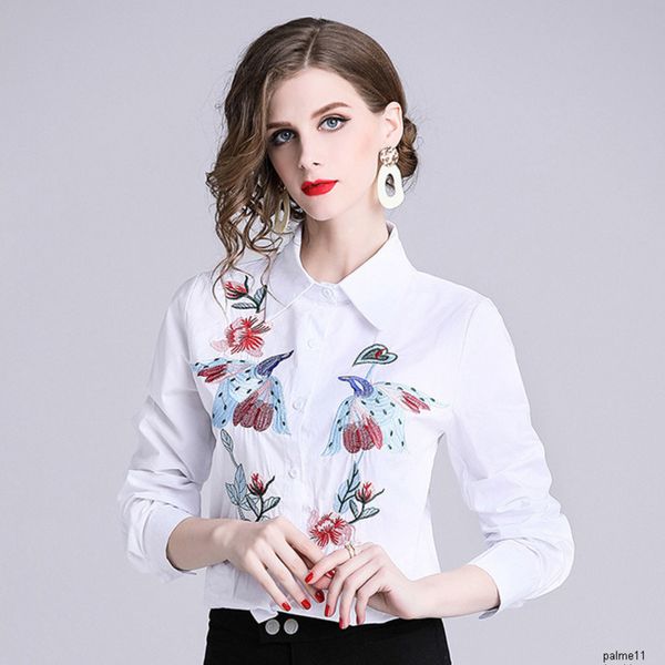 

женская дизайнерская рубашка топ сезон тонкий похудение тяжелая вышивка темперамент лацкан с длинным рукавом рубашки, White