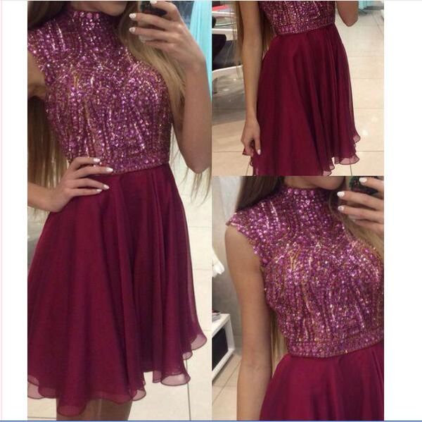 

petite high neck short beaded burgundy chiffon short mini rhinestone homecoming dresses 2018 party prom dresses, Red