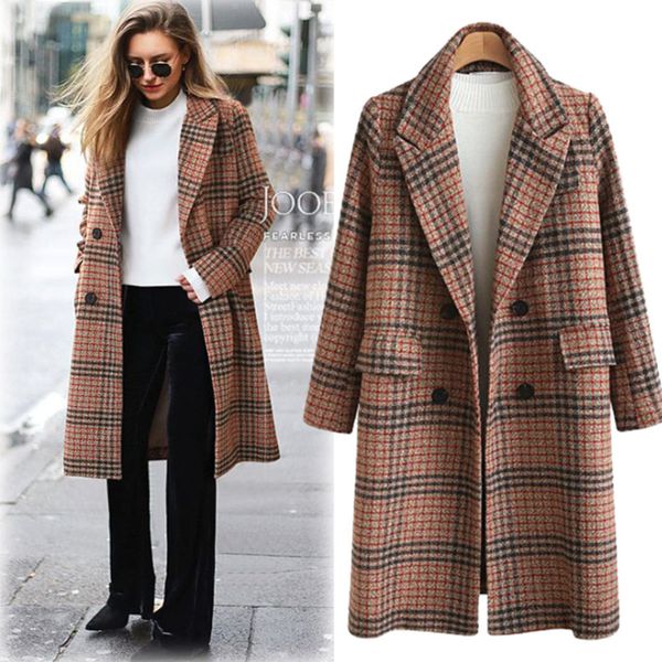 

women woolen coat plaid 2019 women loose long double breasted wool coats winter coat overcoat female wool jacket, Black