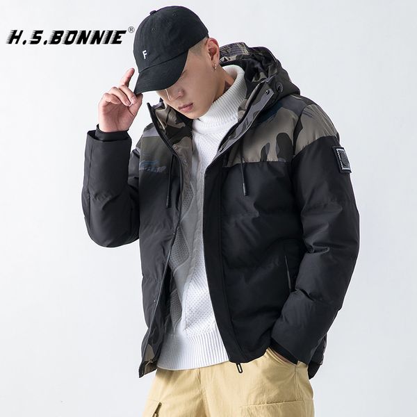 

h.s.bonnie 2019 new ski suit winter jacket men cotton parkas anorak mens casual outerwear camouflage mens coats winterjas heren, Black