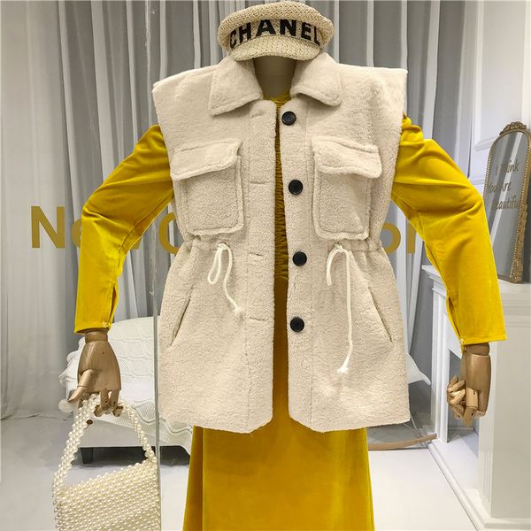 

abrigos cortos mujer invierno 2019 sleeveless vest women polar fleece fabric casual pockets adjustable waist turn-down collar, Black;white