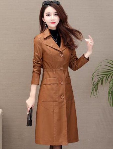 

women spring and autumn leisure new korean version boutique slim personality trend business in the long size leather trench coat / 564 l-4xl, Black