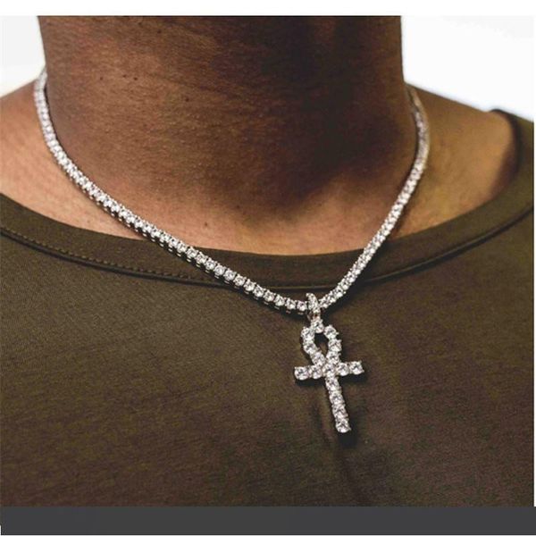

mens bling iced out egyptian ankh key pendant necklace gold plated hip hop rhinestones crystal cuban link chain men jewelry necklace, Silver